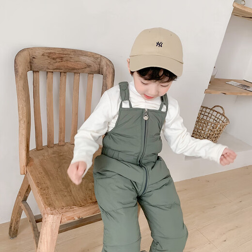 Warm winter duck new children's down cotton pants autumn and winter thickened boys and girls children's clothing winter clothing baby Korean overalls cotton pants bean green 100 cm