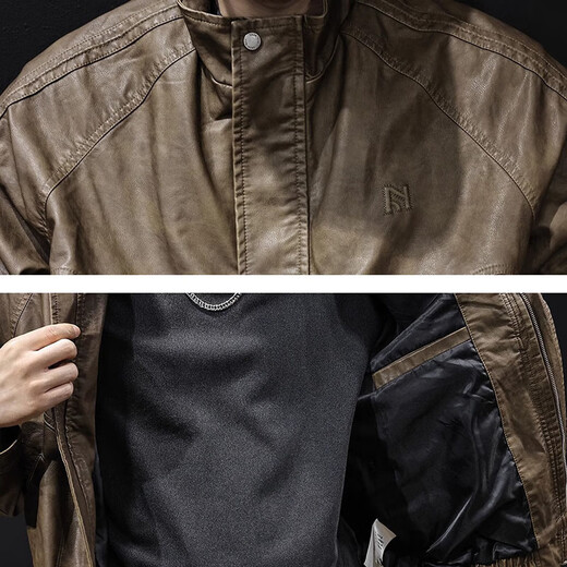 Lexin trendy high-end stand-collar motorcycle leather jacket for men in autumn and winter new men's velvet large size American retro trendy brand tops brown velvet thickened 3XL 180-200Jin Jin is equal to 0.5 kg