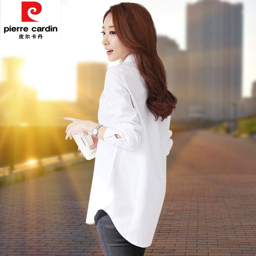 皮尔卡丹（pierre cardin）中长款纯|棉白衬衫女长袖加绒加厚2025春秋新款大尺码打底宽松 HC-9923白色 XL (120-130斤)