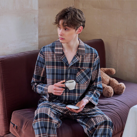 American Standard Autumn and Winter New Long Sleeve Couples Pure Cotton Pajamas Set Women Can Wear Casual Plaid Soft Cotton Home Clothes Men Twilight Blue (brushed cotton) 3XL