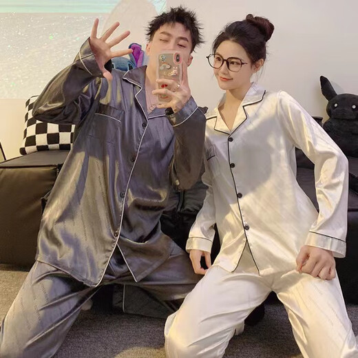 YIMENGTO Yimen camel couple ice silk pajamas for men and women spring and autumn long-sleeved plus size 200 Jin Jin equals 0.5 kg, loose-fitting home wear suit 8606 female-8608 male XL female style (115-135 Jin Jin equals 0.5 kg