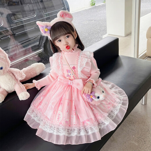 G.duck Little Yellow Duck Lolita Princess Dress Girls Dress Autumn Children's Skirt Girls Sweater Puff Skirt Autumn and Winter Belle Pink Sweater Dress Comes with Bustle 130 Recommended 120-130cm7-8 years old