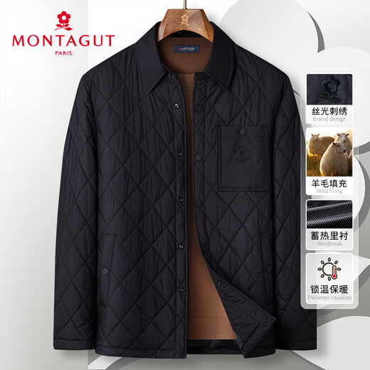 MONTAGUT Jacket Autumn and Winter Men's Lapel Sheep Wool Filled Diamond Check Cotton Jacket Cotton Warm Black 52