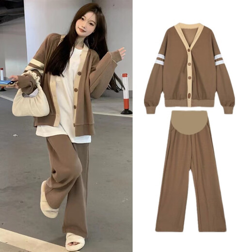 Ranqi's mother maternity suit autumn suit fashionable 2025 new cardigan top spring and autumn fashionable sweatshirt large size two-piece set gray three-piece set (top + T-shirt + pants) L