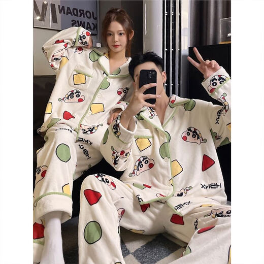 Full bundle of Crayon Shin-chan coral velvet autumn and winter pajamas for women, plus velvet and thickened home clothes, couple flannel men's suit, plush #M10# couple cardigan Crayon Shin-chan 2XL male size (weight 140-160Jin Jin is equal to 0.5 kg)