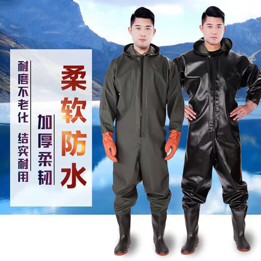 Hongshiyu (HHONGSHIYU) full body waders, thickened fishing rain trousers, waterproof clothing and pants, fish catching one-piece raincoat, wading suit, lotus root suit, water fork pants, whole body dark green cuffs 95 silk, shoe size 43
