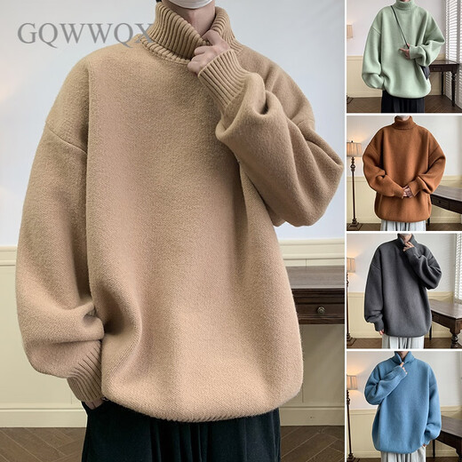 GQWWQX冬季宽松套头纯色高领毛衣高街男针织衫保暖打底衫潮 深灰 XL