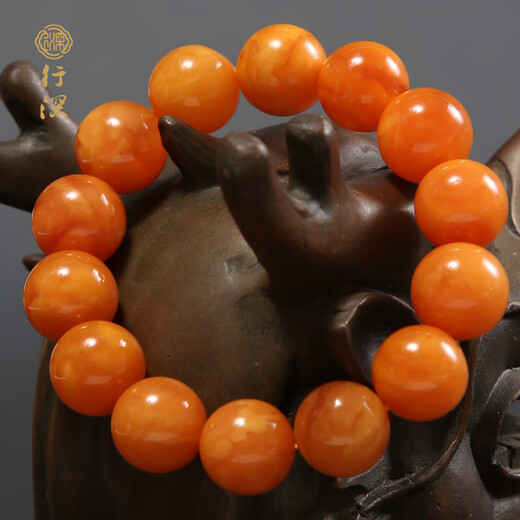 Xingshen raw amber beeswax 10-16mm chicken fat yellow round beads bracelet for men and women, single circle beads, one thing, one certificate, 13+mm 15-16 pieces, suitable for hand circumference 17-18cm