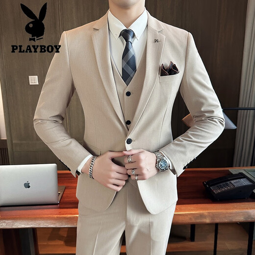 Playboy men's suit suit, high-end professional wear, trendy Korean version, slim fit, host, groom, wedding dress, casual jacket, khaki suit + trousers + vest, white lining 3XL, suitable for 155-160Jin Jin equals 0.5 kg