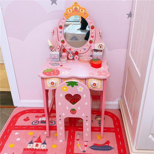 Meibosen girls children's birthday gift simulation princess dressing table dressing table 3-4-5-6 years old play house wooden toys large dressing table + stool