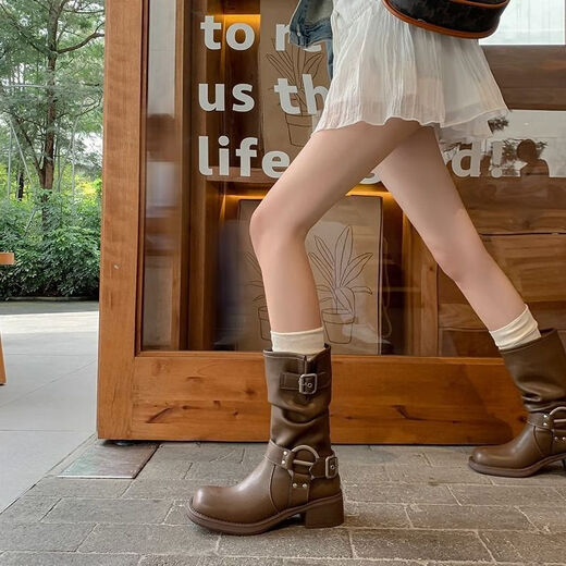 漫蔻依马丁靴复古靴子西部牛仔皮带扣堆堆靴中筒长靴女粗跟高筒骑士靴子 主图款 36