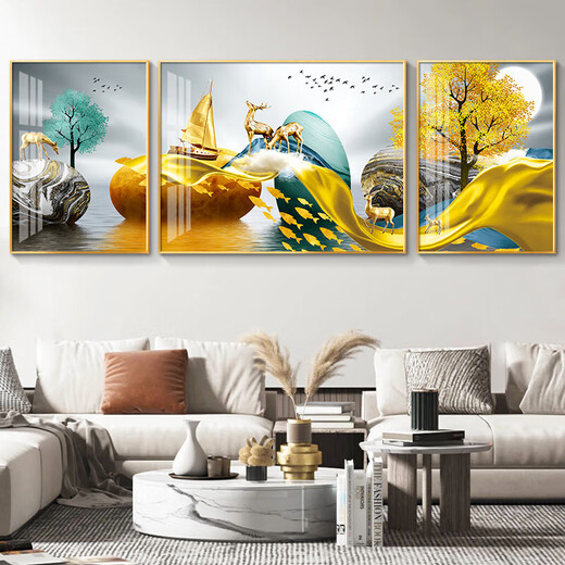 CLCEY现代简约客厅装饰画沙发背景墙壁画大气轻奢三联画挂画镶钻晶瓷 两边70*90中间140*90 尊贵黑框l HJ-3883-福禄双临