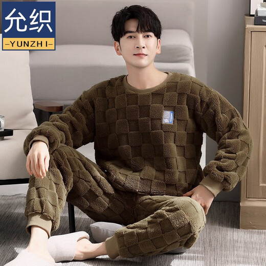 允织睡衣男士冬季珊瑚绒加厚加绒2025年新款秋冬法兰绒冬款大码家居服 9853-熟褐色 M (165) ：适合100-120斤穿着