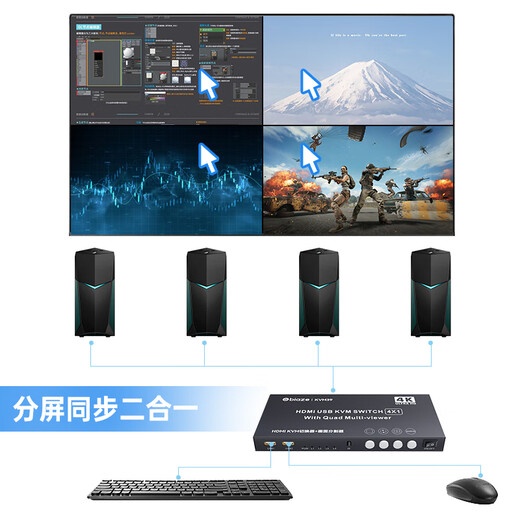毕亚兹 HDMI kvm切换器分割器分屏器 4K高清 4口hdmi四进一出键盘鼠标共享器带4口同步器分屏同步一体机
