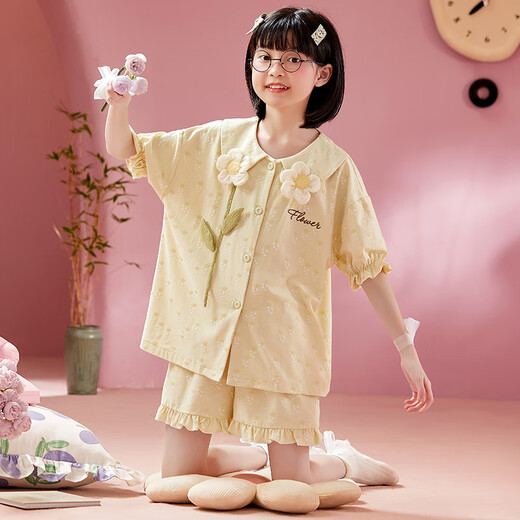 曼妮朵女童睡衣夏季纯棉小女孩新款儿童家居服宝宝开衫短袖短裤套装薄款 B4877绿【双短】 140cm 16码建议135-145cm