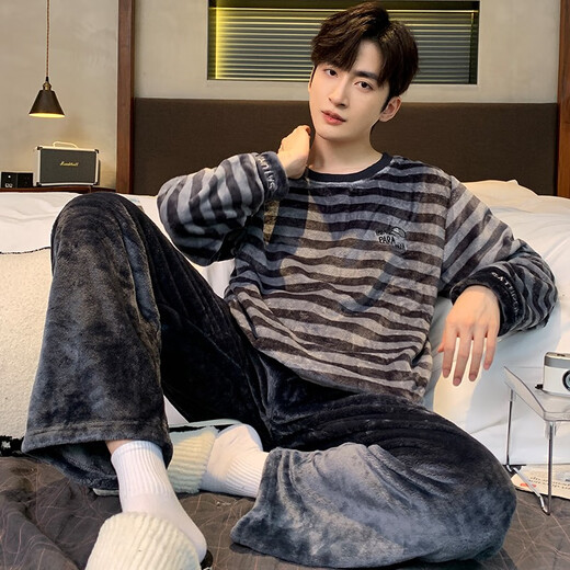 
Pajamas men's autumn and winter thickened coral coral velvet teenager students round neck warm winter home clothing set KZY3890 Men's 2XL code recommended 180CM (150Jin [Jin equals 0.5 kg])