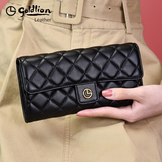 Goldlion long wallet for women 2025 new style cowhide clutch bag for girls with multiple card slots genuine leather light luxury ladies handbag high-end black FA021919-111