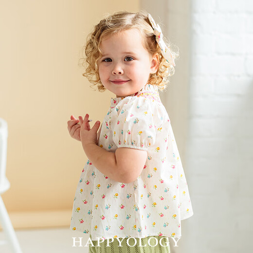 Happyology British girls summer pure cotton floral top baby girl's ear-trimmed stand-up collar puff sleeve shirt Starry Night Secret Garden 98 (98cm)