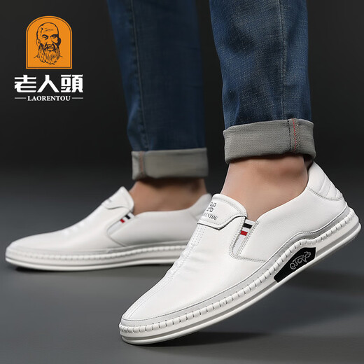 Old man's head (laorentou) old man's white leather shoes men's genuine leather head layer cowhide breathable casual white shoes one foot to put on the line dad's shoes non-slip 10503 white 41