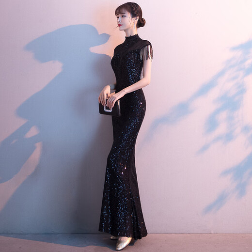 Timochi high-end evening host dress black evening dress sequined tassels 2024 banquet temperament lady color fishtail black L