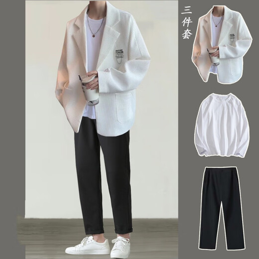 Gxmy waffle suit suit men's Hong Kong style with handsome casual suit jacket men's fashion brand three-piece suit white suit + white T + black trousers three-piece suit XL
