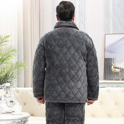 凯旋世家男士睡衣冬季加厚加绒珊瑚绒三层夹棉中老年爸爸家居服套装秋冬款 C9921#黑灰色男【长毛绒】 XXL(145-165斤)三层加厚