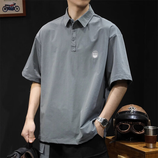 Gu Xiansen American short-sleeved T-shirt men's summer lapel polo T-shirt loose casual half-sleeved collared quick-drying top Brown L 130-145Jin Jin equals 0.5 kg