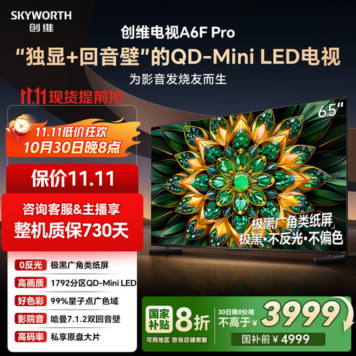 Skyworth TV 65A6F Pro 65-inch smart flat-panel TV 1792 partition QD-Mini LED echo wall LCD game 65-inch state subsidy 20% A6E+