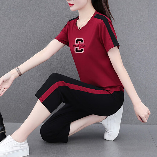 NY-EMMA运动套装女短袖夏季薄款高档洋气减龄棉质休闲时尚跑步服两件套 687蓝色（七分裤套装） M(建议80-95斤)