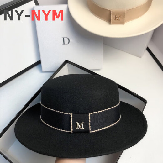 NY-NYM autumn and winter woolen French socialite white flat top hat female British retro fashion Hepburn hat black adjustable