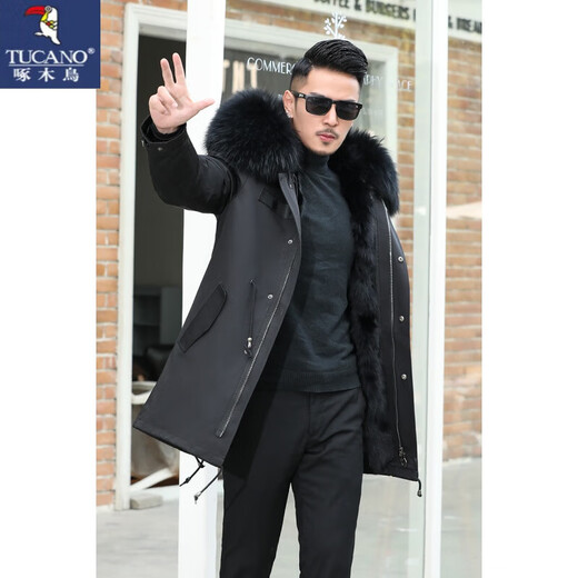Holzspecker (Tucano) 2025 Winterstil Parker Herren mit mittlerer Länge Fuchsfell abnehmbarer innerer Liner-Fellschicht in integrierter schwarzer Schale über Knie + reines schwarzes Fuchsfellmänner Modell 4xl <176-190jin [Jin gleich 0,5 kg]>