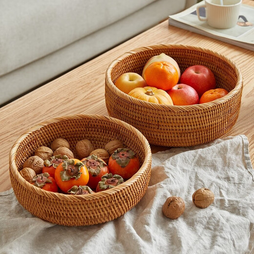 Jiaren Tiancheng rattan fruit basket, Vietnamese bamboo storage basket, living room round woven fruit plate, straw woven steamed bun basket tray product, wavy edge large size 28 9