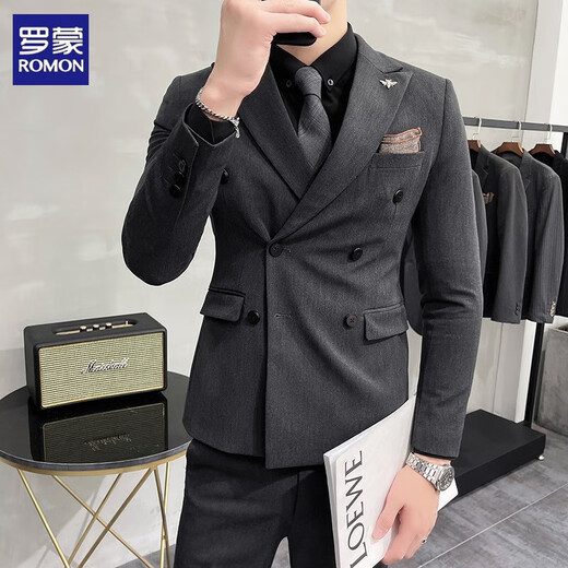 Romon High-High-End Men's Slim Business Business Casual Casual's Doble's Dobress Cloting Groom's Groom's Wedding Vestido de novia gris claro Traje doble de doble pecho + pantalones + Camisa/Bufanda cuadrada S 80-95Jin [Jin equivale a 0.5 kg] Wear Wear
