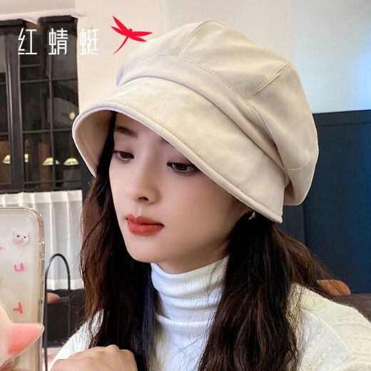 Red Dragonfly Hat Women's Beret Autumn and Winter Fashion Versatile Pile Hat Japanese Face-Showing Small Baotou Hat Casual Painter Octagonal Hat Beige 50-60cm