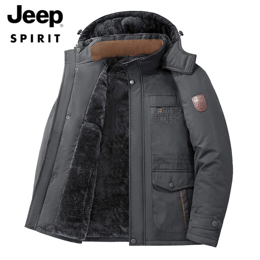 JEEP SPIRIT military coat winter velvet thickening men's mid-length cotton coat large size charge cotton coat Northeast large cotton jacket black #8186x XL =120-135Jin Jin equals 0.5 kg