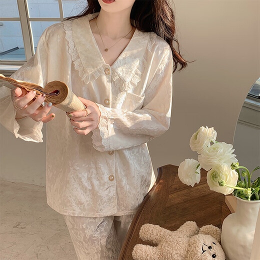浪莎金丝绒睡衣女秋季女款2025新款长袖长裤甜美公主风花边春夏款夏季 SMSD-9922 M (建议80-100斤)