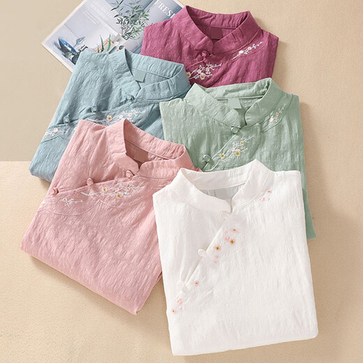 Zimu cotton and linen summer clothing for women, Chinese style retro stand collar slanted collar and all-matched short-sleeved embroidered Chinese Zen tea shirt 6173 Blue XL (recommended 120-130Jin [Jin equals 0.5 kg])
