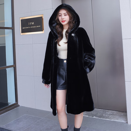 Dongtianjia Brand Fur 2025 Новое импортное норка для женщин, цельная норка средней длины шерсть из капюшона для женщин, Black XL 120-140Jin [Jin равняется 0,5 кг]