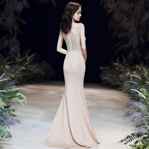 
Cool Huke evening dress for women 2022 new high-end temperament slimming 2022 summer banquet aura queen temperament sexy fish tail apricot color fish tail long M
