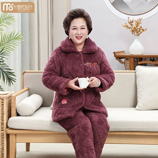 莫代尔中年妈妈加厚珊瑚绒中老年冬季宽松大码夹棉睡衣女保暖家居服套装 687 酒红色 水晶绒 中长款连帽 3XL 160-190斤 三层加厚
