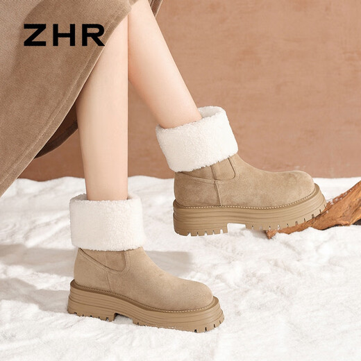 ZHR two-wear snow boots for women plus velvet and thickened women's boots lamb wool warm and increased Northeast cotton shoes JF72 Khaki 37