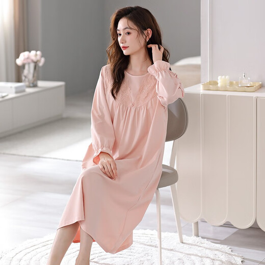 Langsha Nachthemd für Frauen im Herbst reine Baumwoll-Langarm-Brustpads Pyjamas 2023 Neue Frauen weiche und lässige Heimkleidung 673 Weichpulver (mit Brustpolster) XL [165-170 cm/120-145jin [Jin gleich 0,5 kg]]