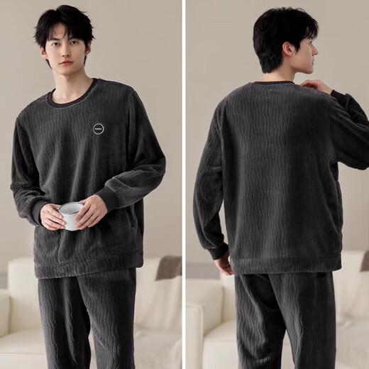 Yunzhi Pyjamas Herren Winter Flanell Pullover Herren Dünn locker großer Korallenmerze Herrenhauskleidung warmer Anzug 9866-Charcoal Grey Black M (165): Empfohlene 100-120jin [Jin gleich 0,5 kg] zum Verschleiß