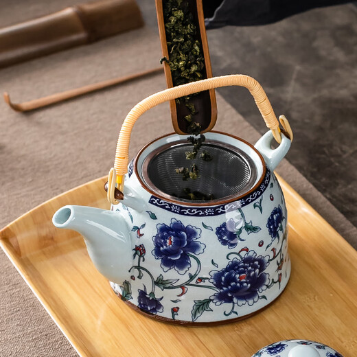 Tang Yao retro large teapot handlebar set one pot two cups single pot household large ceramic teacup herbal teapot large capacity handlebar teapot - blue peony (one pot four cups)
