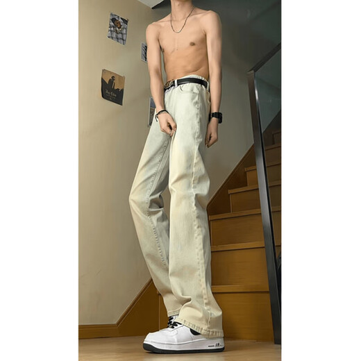 益帛微喇牛仔裤男士冬季加绒美式高街黄泥染做旧宽松休闲直筒长裤子男 泥黄色 XL 【建议120-135斤】