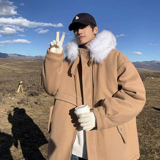 Du Xiaoxian Winter Cotton Coat for Men New Fashion Brand Flowing Trapa de trabajo engrosado para hombres con capucha collar de piel grande chaqueta de algodón cálida WT4855 Apricot M [sugerido 90-120 Jin [Jin iguala 0.5 kg]]]