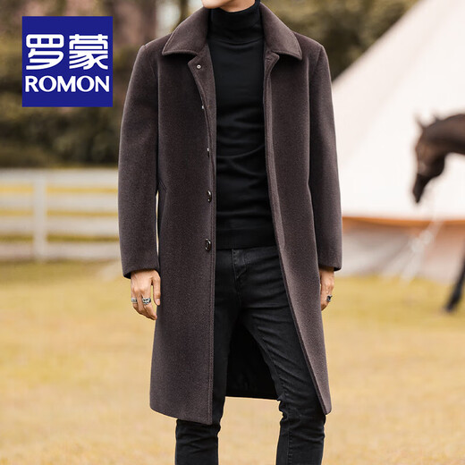 ROMON Woolen Coat Men's Winter Mid-Length Over-the-Knee Woolen Windbreaker Korean Style Trendy Thickened Lapel Winter Jacket Men Gray 2XL/185 Size