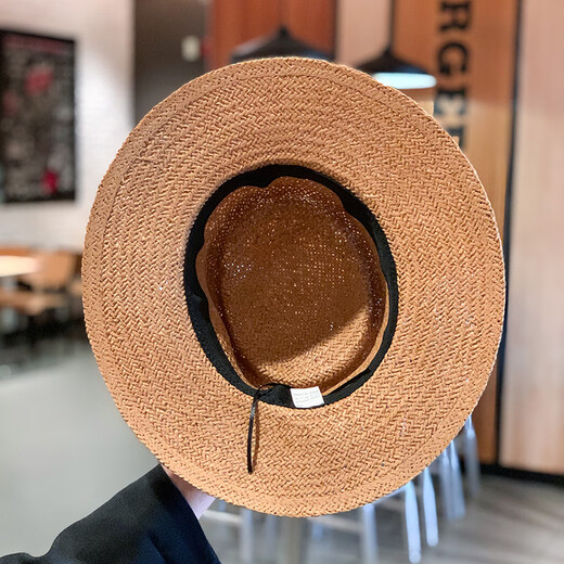 Jincheng Internet celebrity summer vacation beach sun protection straw hat men and women hand-woven wide-brimmed flat-brimmed socialite French top hat MA114 black strap/khaki flat-brimmed top hat adjustable