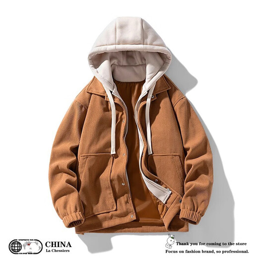 Jeanswest gefälschte zweiteilige Cordjacke für Herren im Herbst und Winter, neue trendige Marke, plus Samt, warmer Baumwollmantel, lockere Kapuzenjacke, Kleidung, Karamell plus Samt, Größe L