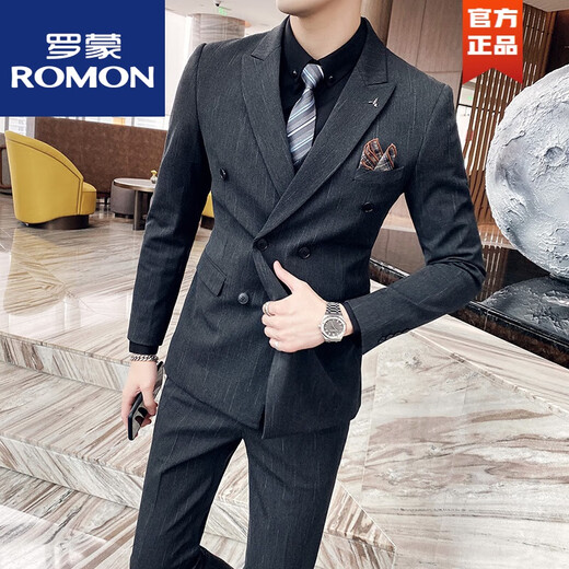 ROMON spring suit men's Korean style casual small suit men's double-breasted British style handsome trendy slim jacket medium gray double-breasted (suit + vest + pants XL (52)